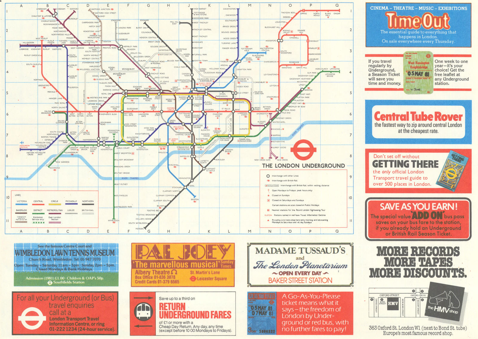 LONDON UNDERGROUND tube plan map. Time Out HMV Madame Tussauds Adverts #1 1981